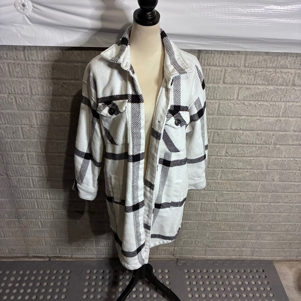 Stoosh Womens White Black‎ Plaid Longline Shacket Shirt Jacket Size Large